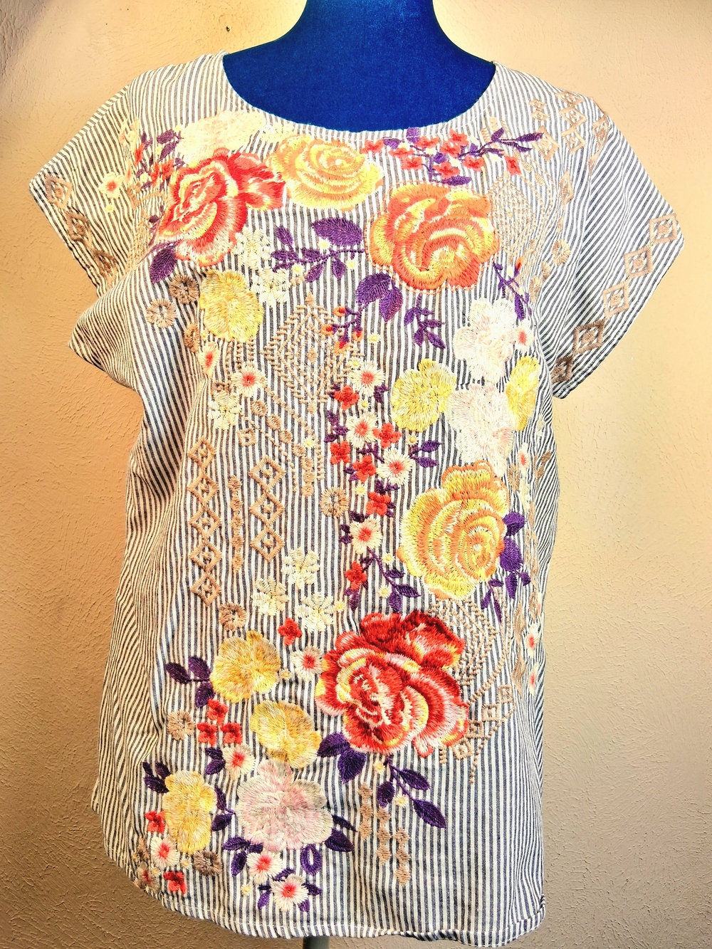 Savanna Jane Multicolor Floral Embroidered Stripe 100% Cotton Tee